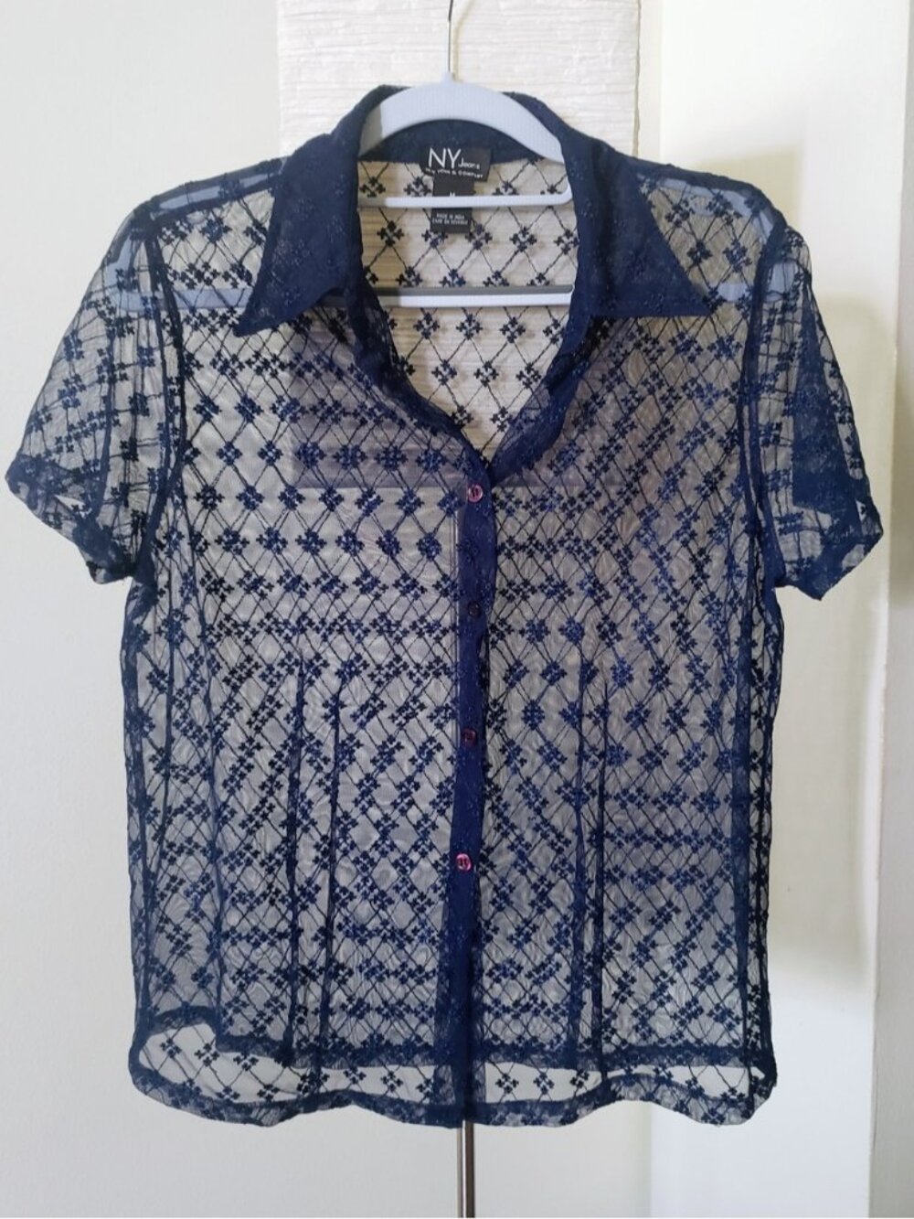 New York & Company Navy Blue Sheer Lace Blouse Short Sleeve Size M